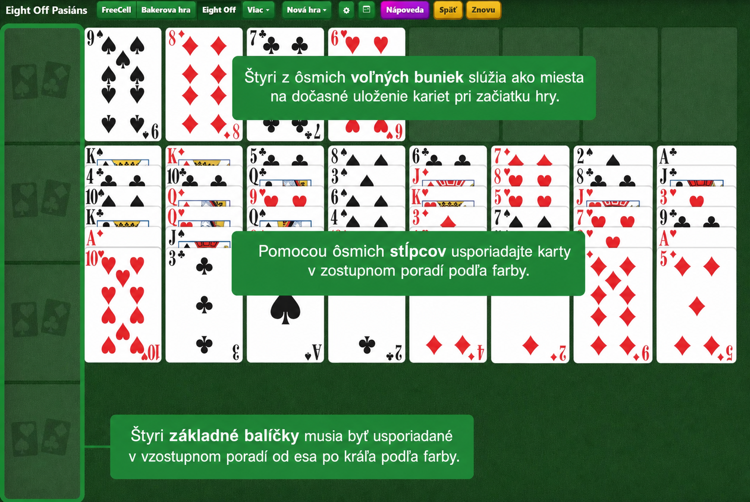 Nastavenie Eight Off Pasiáns