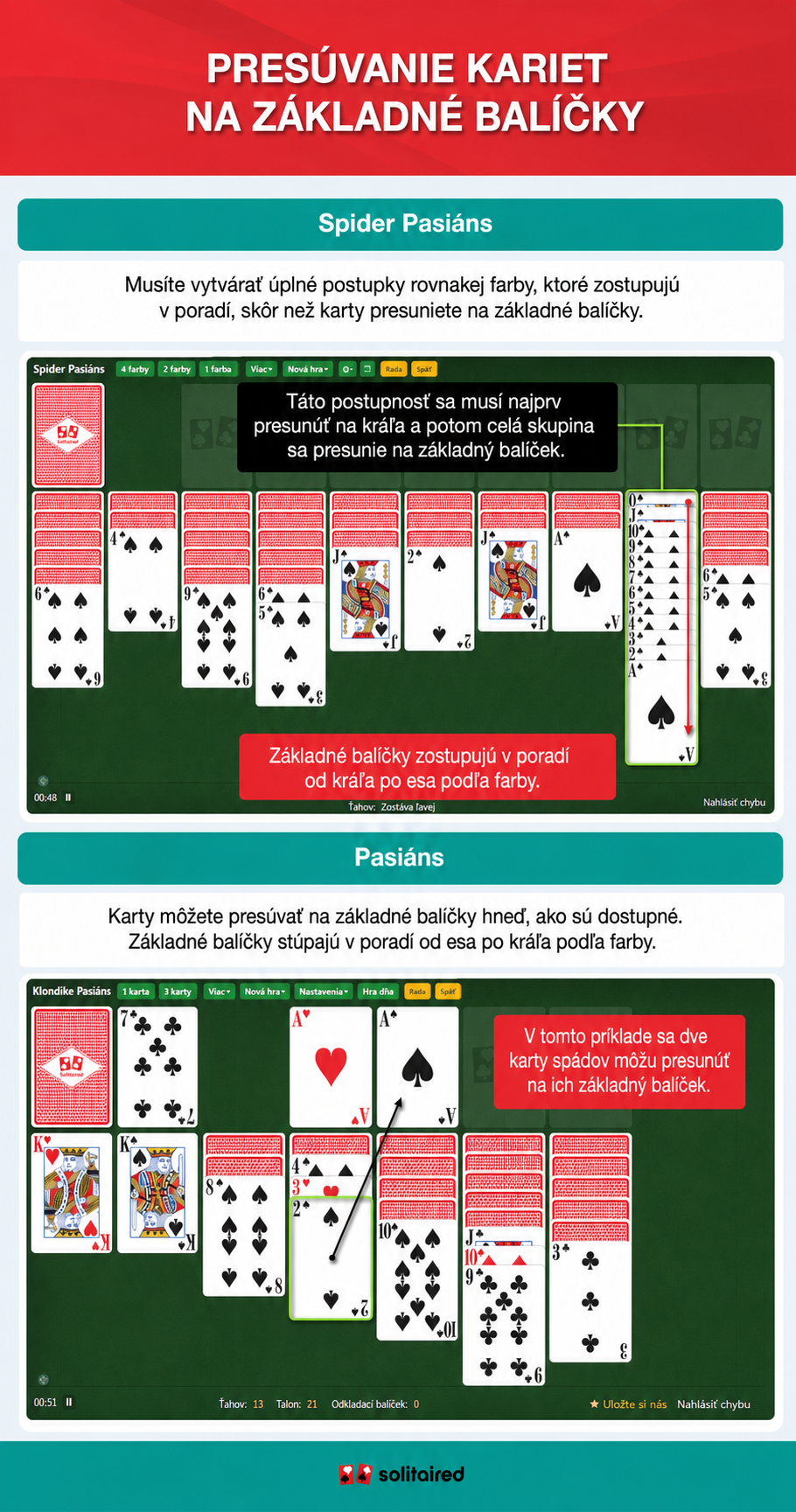 Moving cards to foundation piles in Spider Solitaire and Solitaire