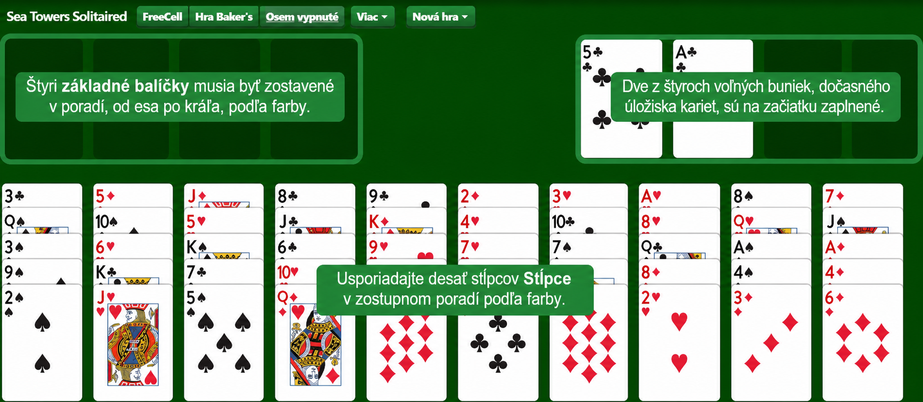 Nastavenie hry Seahaven Towers Pasiáns