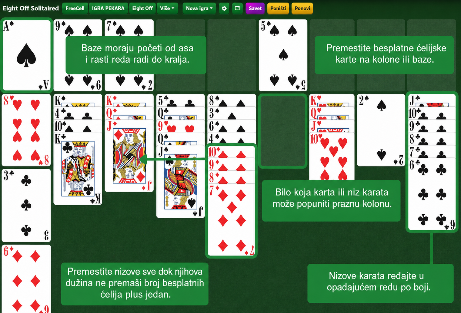 Postavka Eight Off pasijansa
