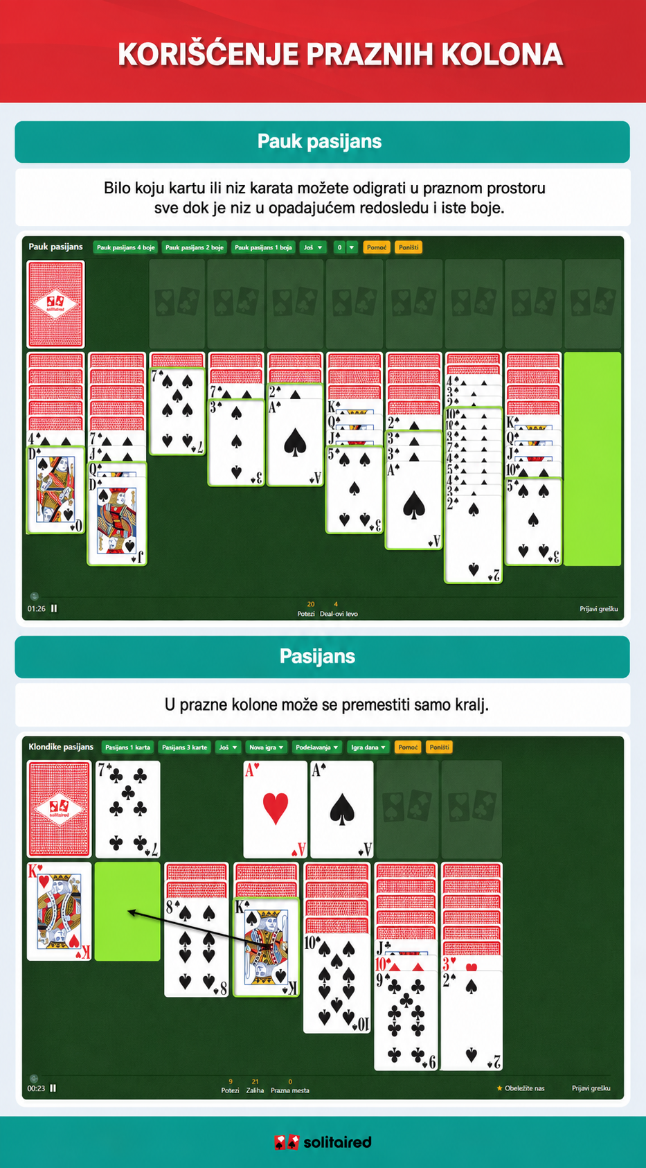 Spider Solitaire and Solitaire empty column use