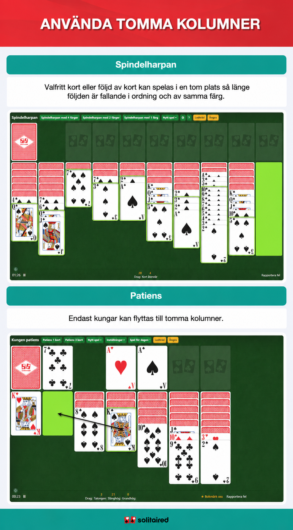 Spider Solitaire and Solitaire empty column use