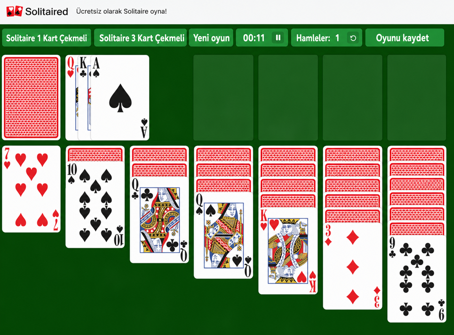 3 Kart Çekmeli Solitaire örneği