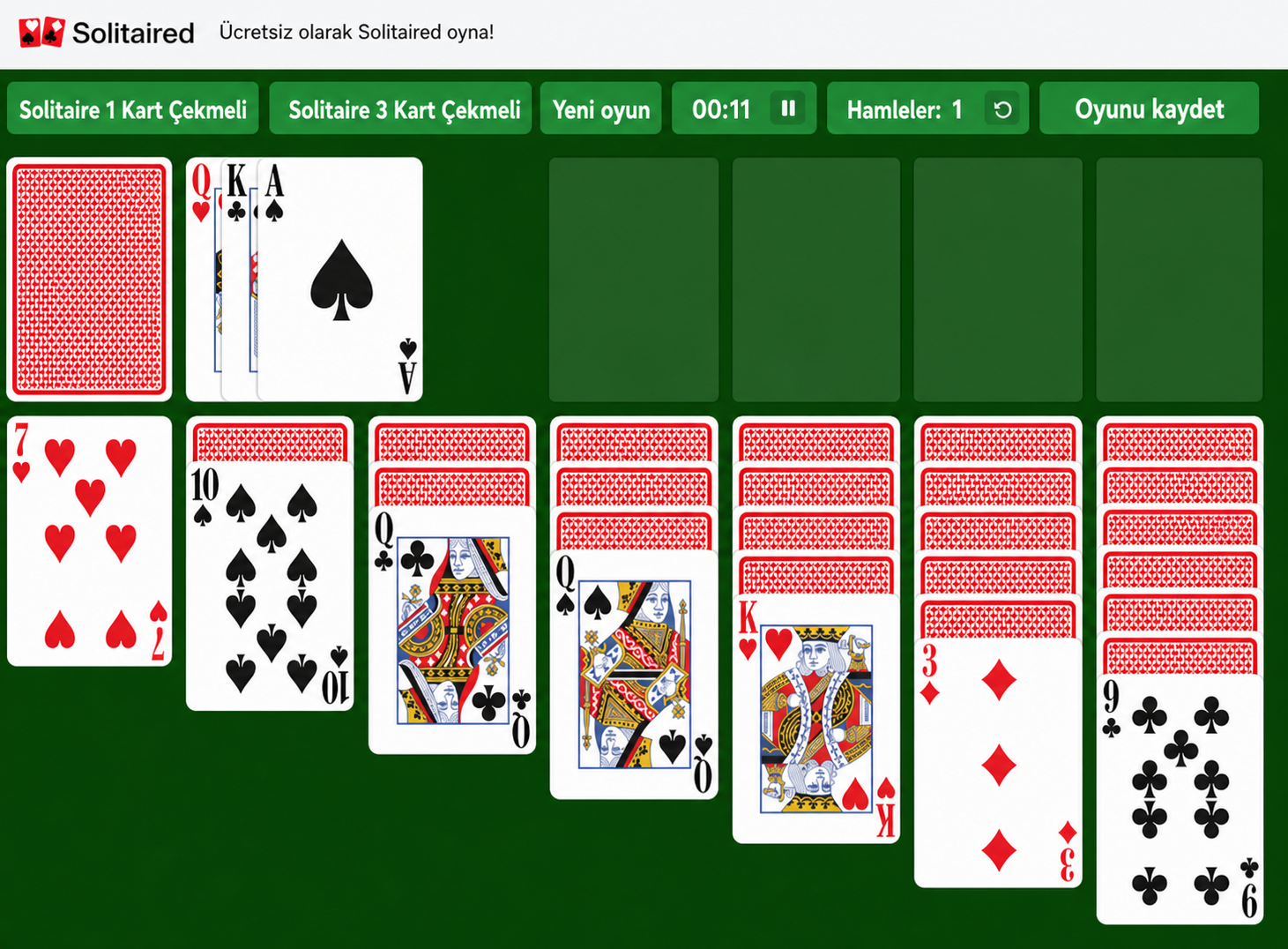 3 Kart Çekmeli Solitaire örneği
