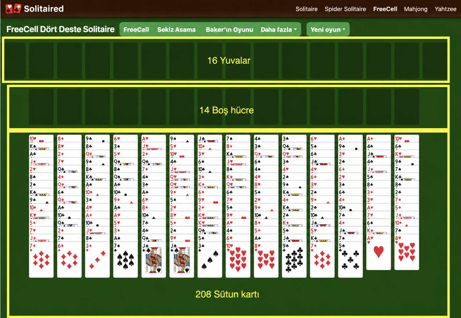 Dört Desteli FreeCell oyunu nasıl kurulur